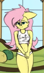 Size: 1607x2657 | Tagged: safe, artist:toxinagraphica, derpibooru import, fluttershy, anthro, pegasus, pony, unguligrade anthro, :3, bed hair, bedroom eyes, breasts, cheek fluff, clothes, couch, dishevelled, ear fluff, female, floppy ears, fluffy, high res, image, mare, pillow, png, signature, sleepy, smiling, solo, top, underpants, underwear, wall, window