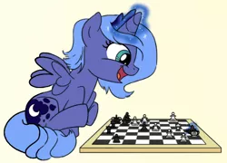 Size: 491x354 | Tagged: safe, artist:sketchyjackie, derpibooru import, princess luna, alicorn, pony, chess, chessboard, chessboard incorrectly oriented, crown, female, filly, foal, horn, image, jewelry, magic, moon, png, regalia, s1 luna, smiling, spread wings, wings, woona, young luna, younger