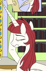 Size: 307x468 | Tagged: safe, artist:sketchyjackie, derpibooru import, oc, oc:fausticorn, unofficial characters only, alicorn, pony, book, bookshelf, eyes closed, facehoof, female, frown, horn, image, lauren faust, mare, png, quill, scroll, unamused, writing
