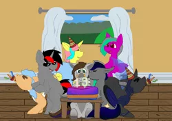Size: 1280x905 | Tagged: safe, artist:lil_vampirecj, derpibooru import, oc, oc:captain black lotus, oc:cj vampire, oc:dawn, oc:fluff, oc:iva, oc:nidex, unofficial characters only, alicorn, bat pony, changeling, earth pony, pony, unicorn, birthday, collaboration, commission, hat, image, jpeg, party, party hat, party popper, ych result, your character here