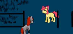 Size: 658x312 | Tagged: grimdark, artist:fangasmic, derpibooru import, apple bloom, oc, oc:mitta, earth pony, pony, undead, zombie, zombie pony, story of the blanks, bone, bow, female, filly, foal, grass, hair bow, image, infected, mare, night, png, sunny town, youtube link