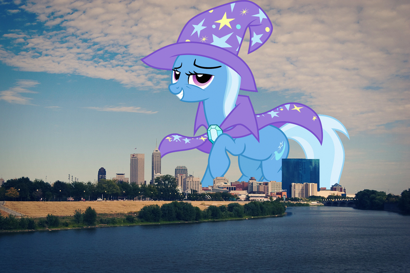 Size: 2048x1363 | Tagged: safe, artist:jeatz-axl, artist:thegiantponyfan, derpibooru import, trixie, pony, unicorn, brooch, cape, clothes, female, giant pony, giant unicorn, giantess, hat, highrise ponies, image, indiana, indianapolis, irl, jewelry, jpeg, macro, mare, mega giant, mega trixie, photo, ponies in real life, trixie's brooch, trixie's cape, trixie's hat