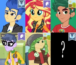 Size: 1302x1108 | Tagged: safe, artist:bb-k, derpibooru import, edit, edited screencap, official, screencap, flash sentry, microchips, sunset shimmer, timber spruce, earth pony, pegasus, unicorn, equestria girls, equestria girls (movie), equestria girls series, hearth's warming eve (episode), legend of everfree, backpack, banner, blue background, bust, camp everfree logo, camp everfree outfits, clothes, cropped, dreadlocks, earth pony tribe, eyes closed, female, flag, flower, glasses, green background, green eyes, hat, image, jacket, jewelry, looking at you, male, object, pegasopolis, pegasus tribe, png, question mark, red background, regalia, simple background, smiling, smirk, sun, sunflower, suspenders, sweater, transparent background, unicorn tribe, unicornia