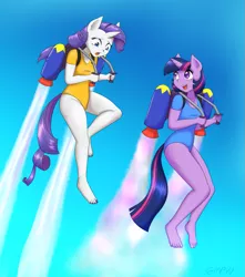 Size: 1059x1200 | Tagged: safe, artist:empyu, derpibooru import, rarity, twilight sparkle, anthro, unicorn, breasts, flying, image, jetpack, open mouth, png