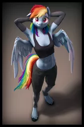 Size: 3600x5400 | Tagged: safe, artist:imafutureguitarhero, derpibooru import, rainbow dash, anthro, pegasus, pony, unguligrade anthro, art pack:pin-up paradise 2022, abs, absurd resolution, arm behind head, arm fluff, armpits, belly button, border, bra, cargo pants, cargo shorts, cheek fluff, chromatic aberration, clothes, colored eyebrows, colored eyelashes, crop top bra, cute, dashabetes, ear fluff, evening gloves, female, film grain, floppy ears, fluffy, from above, fur, gloves, gradient background, hoof fluff, image, jpeg, long gloves, looking at you, mare, midriff, multicolored hair, multicolored mane, multicolored tail, neck fluff, nose wrinkle, one ear down, paintover, pants, partially open wings, pinup, revamped anthros, revamped ponies, see-through, shadow, shorts, signature, smiling, smiling at you, socks, solo, stockings, tail, thigh highs, underwear, unshorn fetlocks, vertical, wall of tags, wing fluff, wings