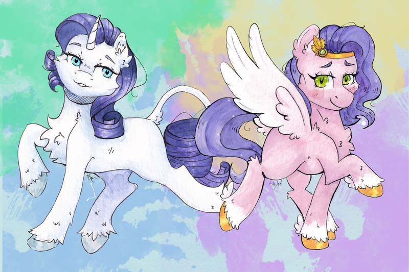 Size: 5605x3736 | Tagged: safe, artist:lightisanasshole, derpibooru import, pipp petals, rarity, kirin, pegasus, pony, unicorn, abstract background, bedroom eyes, colored hooves, colored wings, duo, duo female, female, g5, hoof fluff, image, jpeg, kirinified, looking at you, looking back, open mouth, raised hoof, species swap, traditional art, watercolor painting, wings