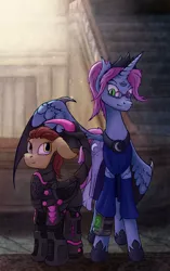 Size: 1280x2043 | Tagged: safe, artist:bob-finnski, derpibooru import, oc, oc:stardust, oc:strawberry sunrise, alicorn, bat pony, bat pony alicorn, earth pony, pony, fallout equestria, armor, bat wings, clothes, dress, fallout, horn, image, jpeg, power armor, tenpony tower, wings