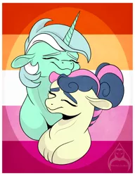 Size: 1280x1664 | Tagged: safe, artist:will-owl-the-wisp, derpibooru import, bon bon, lyra heartstrings, sweetie drops, earth pony, pony, unicorn, alternate hairstyle, duo, duo female, eyes closed, female, floppy ears, image, lesbian, lesbian pride flag, lyrabon, mare, neck nuzzle, png, pride, pride flag, shipping