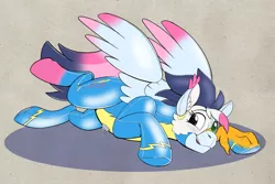 Size: 2560x1707 | Tagged: safe, artist:acesential, soarin', oc, oc:foxxy hooves, hippogriff, inflatable pony, original species, pegasus, pony, rubber pony, air nozzle, cheek fluff, clothes, decal, ear fluff, female, hippogriff oc, image, inanimate tf, inflatable, latex, male, partially open wings, png, pool toy, prone, rubber, seams, shadow, shiny, simple background, solo, stallion, transformation, uniform, wonderbolts, wonderbolts uniform