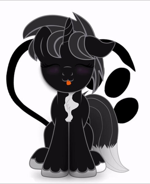 Size: 600x736 | Tagged: safe, artist:bastbrushie, derpibooru import, oc, oc:dog whisperer, unofficial characters only, pony, unicorn, :p, animated, black fur, blushing, brown eyes, chest fluff, cute, fluffy tail, fox tail, gray mane, high res, hooves, horn, image, jpeg, looking at you, male, sitting, solo, stallion, tail, tail fluff, tongue out, unshorn fetlocks, white fur