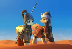 Size: 3646x2503 | Tagged: safe, artist:dipfanken, derpibooru import, oc, unofficial characters only, pegasus, pony, unicorn, armor, chainmail, duo, helmet, image, jewelry, png, shield, spear, weapon