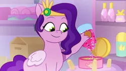 Size: 3500x1972 | Tagged: safe, derpibooru import, screencap, pipp petals, pegasus, pony, my little pony: tell your tale, spoiler:g5, spoiler:my little pony: tell your tale, spoiler:tyts01e15, female, flashback, g5, glitter, image, making a foal of me, mare, png, solo