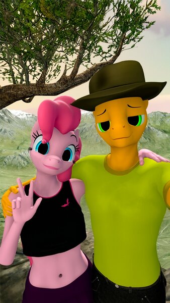 Size: 1080x1920 | Tagged: safe, artist:greenvazzy, derpibooru import, cheese sandwich, pinkie pie, anthro, 3d, cheesepie, clothes, female, hat, image, jpeg, male, shipping, source filmmaker, straight