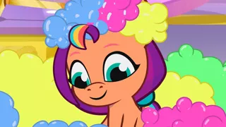 Size: 3410x1920 | Tagged: safe, derpibooru import, screencap, sunny starscout, earth pony, pony, my little pony: tell your tale, spoiler:g5, spoiler:my little pony: tell your tale, spoiler:tyts01e15, female, filly, filly sunny starscout, foal, g5, high res, image, jpeg, making a foal of me, smiling, solo, younger, youtube link