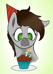 Size: 1192x1665 | Tagged: safe, artist:waffletheheadmare, derpibooru import, oc, oc:cj vampire, unofficial characters only, earth pony, pony, birthday, brown mane, bust, cupcake, digital art, fanart, fangs, food, gray coat, green eyes, hat, image, jpeg, looking down, one ear down, party hat, plate, portrait