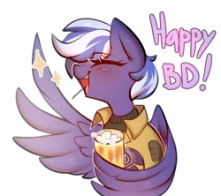 Size: 1350x1200 | Tagged: oc name needed, safe, artist:marlowws, derpibooru import, oc, unofficial characters only, pegasus, pony, birthday, blushing, bust, clothes, drink, drinking glass, exclamation point, eyebrows, eyebrows visible through hair, eyes closed, image, jpeg, open mouth, open smile, pegasus oc, simple background, smiling, solo, sparkles, sweater, white background, wing hands, wings