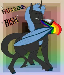 Size: 2213x2588 | Tagged: safe, artist:inisealga, derpibooru import, oc, oc:talon, unofficial characters only, changeling, dragon, hybrid, abstract background, commission, hybrid oc, image, jpeg, pride, pride flag, solo, your character here
