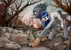 Size: 3378x2362 | Tagged: safe, artist:vendigo, derpibooru import, oc, earth pony, gryphon, arrow, dead tree, destroyed building, folded wings, image, note, piggyback ride, png, puddle, rubble, ruined city, tree, wings