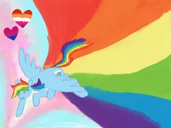 Size: 1600x1200 | Tagged: safe, artist:shiiiny, derpibooru import, rainbow dash, pegasus, pony, bisexual pride flag, female, flying, heart, image, lesbian pride flag, mare, png, pride, pride flag, solo, sonic rainboom