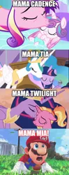 Size: 500x1257 | Tagged: safe, derpibooru import, edit, edited screencap, screencap, luster dawn, princess cadance, princess celestia, princess flurry heart, princess twilight 2.0, twilight sparkle, twilight sparkle (alicorn), alicorn, human, pony, unicorn, princess twilight sparkle (episode), the crystalling, the last problem, comic, image, jpeg, mama cadence, mama mia, mama twilight, mario, momlestia, older, older twilight, pun, screencap comic, super mario bros., super mario odyssey