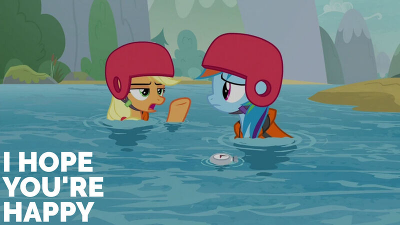 Size: 1280x720 | Tagged: safe, derpibooru import, edit, edited screencap, editor:quoterific, screencap, applejack, rainbow dash, earth pony, pegasus, pony, non-compete clause, season 8, spoiler:s08, duo, female, helmet, image, jpeg, mare, open mouth, text