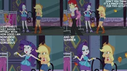 Size: 1280x720 | Tagged: safe, derpibooru import, edit, edited screencap, editor:quoterific, screencap, applejack, rarity, equestria girls, equestria girls series, street chic, spoiler:eqg series (season 2), applejack's hat, boots, bracelet, clothes, cold, cowboy boots, cowboy hat, denim, denim skirt, duo, duo female, eyes closed, female, geode of shielding, geode of super strength, hairpin, hat, high heels, image, jewelry, jpeg, magical geodes, male, open mouth, open smile, rarity peplum dress, shoes, skirt, smiling, text