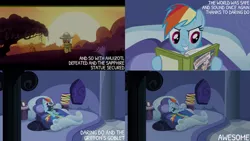 Size: 1280x720 | Tagged: safe, derpibooru import, edit, edited screencap, editor:quoterific, screencap, daring do, rainbow dash, pegasus, pony, read it and weep, season 2, ^^, book, duo, eyes closed, female, grin, image, jpeg, mare, open mouth, open smile, rainbow dash's house, smiling, text