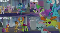 Size: 1280x720 | Tagged: safe, derpibooru import, edit, edited screencap, editor:quoterific, screencap, ocellus, princess ember, smolder, spike, thorax, changedling, changeling, dragon, earth pony, pony, unicorn, school daze, season 8, spoiler:s08, ^^, eyes closed, female, grin, hug, image, king thorax, male, mare, open mouth, open smile, png, school of friendship, smiling, stallion, text
