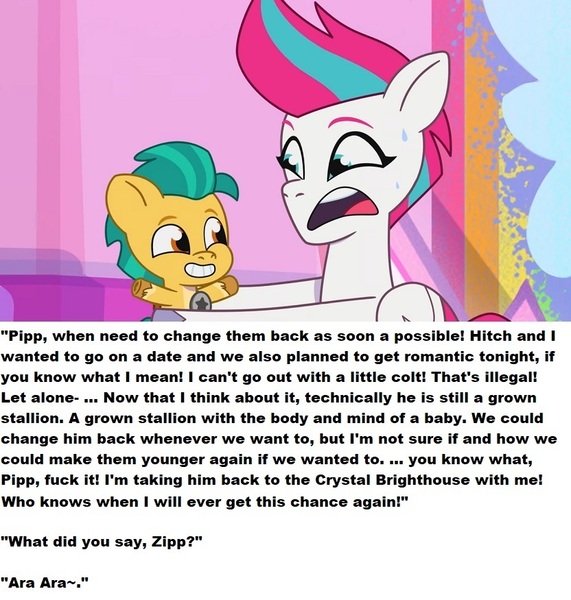 Size: 832x875 | Tagged: questionable, derpibooru import, screencap, hitch trailblazer, zipp storm, pegasus, pony, my little pony: tell your tale, spoiler:g5, spoiler:my little pony: tell your tale, spoiler:tyts01e15, age regression, ara ara, baby, baby pony, colt, colt hitch trailblazer, female, g5, hitchzipp, holding a pony, image, implied pedophilia, implied pipp petals, implied sex, jpeg, making a foal of me, male, ponestrip, shipping, straight, vulgar, younger