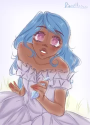 Size: 771x1068 | Tagged: safe, artist:diameltzowo, derpibooru import, izzy moonbow, human, clothes, crystal, dark skin, dress, female, g5, girly, humanized, image, looking at you, looking up, pastel, png, pretty, simple background, soft, solo, solo female