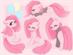 Size: 1056x800 | Tagged: safe, derpibooru import, pinkie pie, earth pony, pony, balloon, blushing, clothes, cutie mark, emotions, female, floppy ears, image, looking at you, looking back, looking back at you, mare, pinkamena diane pie, png, prone, sitting, straight hair, sweater, teary eyes, turtleneck