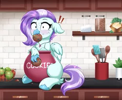Size: 4000x3298 | Tagged: safe, artist:confetticakez, derpibooru import, oc, oc:ocean breeze, classical hippogriff, hippogriff, blushing, commission, cookie, cookie jar, food, hippogriff oc, image, kitchen, png, thief, ych result