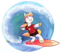 Size: 1280x1108 | Tagged: safe, artist:foxhatart, derpibooru import, oc, unofficial characters only, pony, unicorn, bipedal, clothes, eyes closed, happy, image, open mouth, open smile, png, ponytail, shirt, shorts, smiling, solo, surfboard, surfing, t-shirt, water, wave