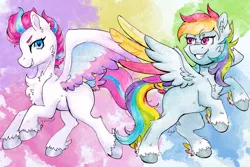 Size: 5352x3568 | Tagged: safe, artist:lightisanasshole, derpibooru import, rainbow dash, zipp storm, pegasus, pony, abstract background, bipedal, cheek fluff, chest fluff, colored hooves, colored wings, duo, duo female, ear fluff, faic, female, g5, hoof fluff, image, looking at you, looking back, png, rainbow dash and zipp storm, raised hoof, raised hooves, smug, smugdash, spread wings, traditional art, watercolor painting, wings