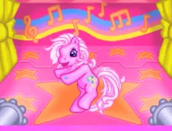 Size: 339x257 | Tagged: safe, derpibooru import, pinkie pie (g3), earth pony, pony, bipedal, curtains, dancing, female, g3, game, image, jpeg, mare, music notes, pinkie pie's party, rainbow, smiling, spotlight, stars, youtube link