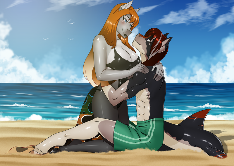 Size: 2700x1922 | Tagged: suggestive, artist:chacrawarrior, derpibooru import, oc, oc:guppy freshwater, oc:laguna luster, unofficial characters only, anthro, bird, original species, pony, sea pony, seagull, shark, shark pony, unguligrade anthro, abs, anthro oc, barely pony related, beach, big breasts, breasts, cleavage, clothes, commission, couple, duo, female, gift art, husband and wife, image, looking at each other, looking at someone, male, mare, married couple, oc x oc, png, shark pony oc, shipping, smiling, stallion, straight, swimming trunks, swimsuit, water