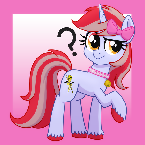 Size: 2048x2048 | Tagged: safe, artist:whitequartztheartist, derpibooru import, oc, oc:cinnamon lightning, unofficial characters only, pony, unicorn, abstract background, bell, bell collar, bow, collar, commission, confused, female, full body, hair bow, high res, hooves, horn, image, mare, png, question mark, raised eyebrow, raised hoof, solo, standing, tail, two toned mane, two toned tail, unicorn oc