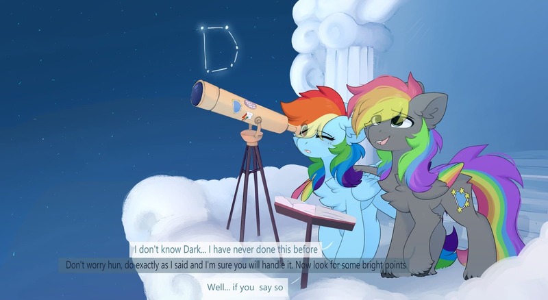 Size: 2048x1122 | Tagged: safe, artist:little-sketches, derpibooru import, rainbow dash, oc, oc:dark rainbow, pegasus, pony, balcony, blushing, book, canon x oc, constellation, cute, darsh, dialogue, female, image, jpeg, male, mare, night, pegasus oc, shipping, stallion, stars, telescope, wings