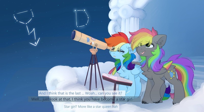 Size: 2048x1122 | Tagged: safe, alternate version, artist:little-sketches, derpibooru import, rainbow dash, oc, oc:dark rainbow, pegasus, pony, balcony, blushing, book, canon x oc, constellation, cute, darsh, dialogue, female, image, jpeg, male, mare, night, pegasus oc, shipping, stallion, stars, telescope, wings