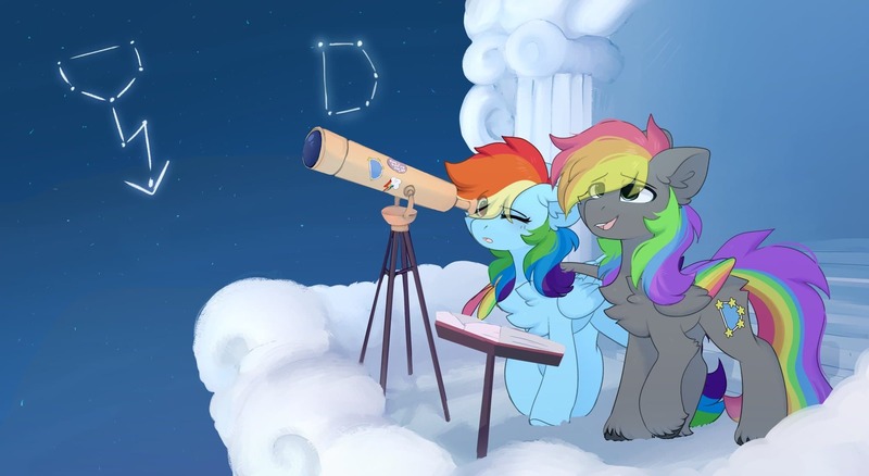 Size: 2048x1122 | Tagged: safe, alternate version, artist:little-sketches, derpibooru import, rainbow dash, oc, oc:dark rainbow, pegasus, pony, balcony, blushing, book, canon x oc, constellation, cute, darsh, female, image, jpeg, male, mare, night, pegasus oc, stallion, telescope, wings