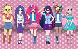 Size: 900x570 | Tagged: safe, artist:julx_julz, derpibooru import, kotobukiya, applejack, fluttershy, pinkie pie, rainbow dash, rarity, sci-twi, twilight sparkle, human, equestria girls, humane five, humane six, humanized, image, jpeg, kisekae, kotobukiya applejack, kotobukiya fluttershy, kotobukiya pinkie pie, kotobukiya rainbow dash, kotobukiya rarity, kotobukiya twilight sparkle, polka dot background