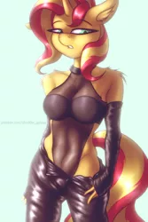 Size: 1000x1500 | Tagged: suggestive, alternate version, artist:shad0w-galaxy, derpibooru import, sunset shimmer, anthro, pony, unicorn, abs, bare shoulders, belly button, big breasts, bra, breasts, busty sunset shimmer, chest fluff, choker, clothes, ear fluff, female, fluffy, gloves, horn, image, latex, mare, pants, png, sexy, shoulder fluff, simple background, solo, solo female, underwear, watermark