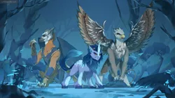 Size: 3734x2100 | Tagged: safe, artist:littlepolly, derpibooru import, oc, oc:makari, oc:ospreay, oc:tundra, gryphon, kirin, armor, background, badass, forest, griffon oc, image, jpeg, talons, tree, wingblade