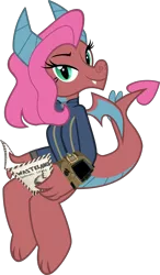 Size: 1962x3364 | Tagged: safe, artist:ponygamer2020, derpibooru import, idw, mina, dragon, fallout equestria, friends forever, spoiler:comic, spoiler:comicff14, bedroom eyes, book, claws, clothes, dragon wings, dragoness, fallout, fallout 3, fangs, female, horns, idw showified, image, jumpsuit, looking at you, pipboy, png, simple background, smiling, smiling at you, solo, transparent background, vault suit, vector, wasteland survival guide, wings