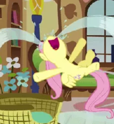 Size: 496x540 | Tagged: safe, derpibooru import, edit, edited screencap, screencap, fluttershy, pegasus, pony, ponyville confidential, season 2, crying, female, flower, fluttershy's cottage, image, inverted mouth, lying down, mare, ocular gushers, on back, open mouth, png, smiling, tears of joy, volumetric mouth, window, wings