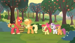 Size: 666x380 | Tagged: safe, derpibooru import, screencap, apple bloom, applejack, big macintosh, scootaloo, sweetie belle, pony, ponyville confidential, season 2, angry, apple, applejack is not amused, applejack's hat, basket, big macintosh is not amused, big macintosh's yoke, bow, bush, cowboy hat, cutie mark crusaders, eyes closed, female, filly, flower, foal, food, frown, hair bow, hat, horn, horse collar, image, male, mare, png, sad, stallion, sweet apple acres, tree, unamused, wings, yoke, youtube link