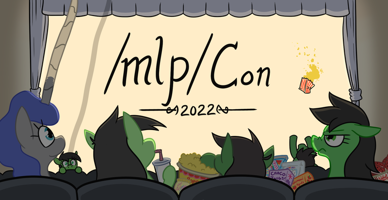 Size: 1980x1020 | Tagged: safe, derpibooru import, oc, oc:anonfilly, anthro, earth pony, pony, unicorn, derpibooru community collaboration, /mlp/, /mlp/ con, /mlp/ con 2022, 2022 community collab, curtains, drink, female, filly, foal, food, horn, image, long horn, mare, png, popcorn, seat, snacks, theater, watermelon