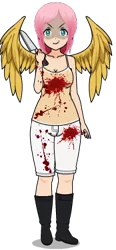 Size: 174x376 | Tagged: safe, artist:kittythedandy, derpibooru import, fluttershy, human, blood, boots, clothes, humanized, image, kisekae, knife, pants, png, shirt, shoes, shorts, simple background, solo, transparent background, wings