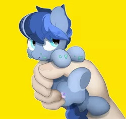 Size: 2289x2150 | Tagged: safe, artist:mochi_nation, derpibooru import, oc, oc:galaxy, earth pony, human, pony, cute, disembodied hand, earth pony oc, eye clipping through hair, female, food, hand, holding a pony, ice cream, image, jpeg, mare, ocbetes, offscreen character, simple background, solo focus, underhoof, yellow background