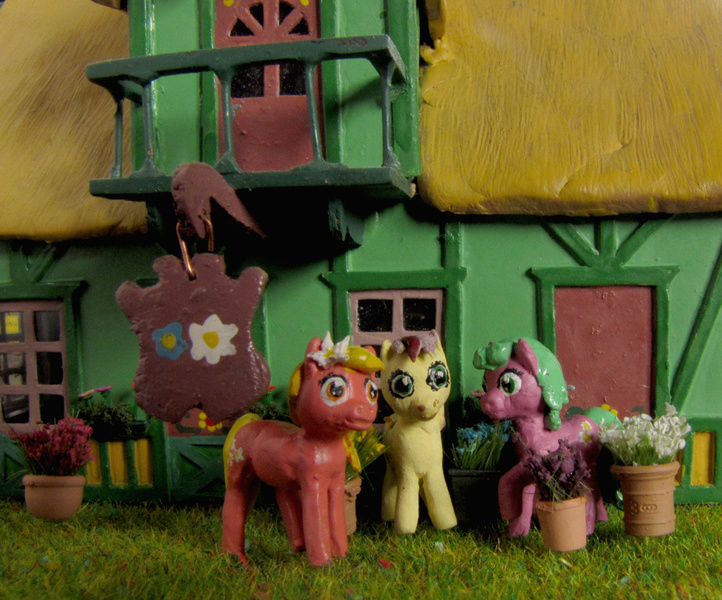Size: 1004x834 | Tagged: safe, artist:soobel, derpibooru import, daisy, flower wishes, lily, lily valley, roseluck, earth pony, pony, craft, flower, flower shop, flower trio, image, irl, jpeg, modeling, photo, sculpture, traditional art